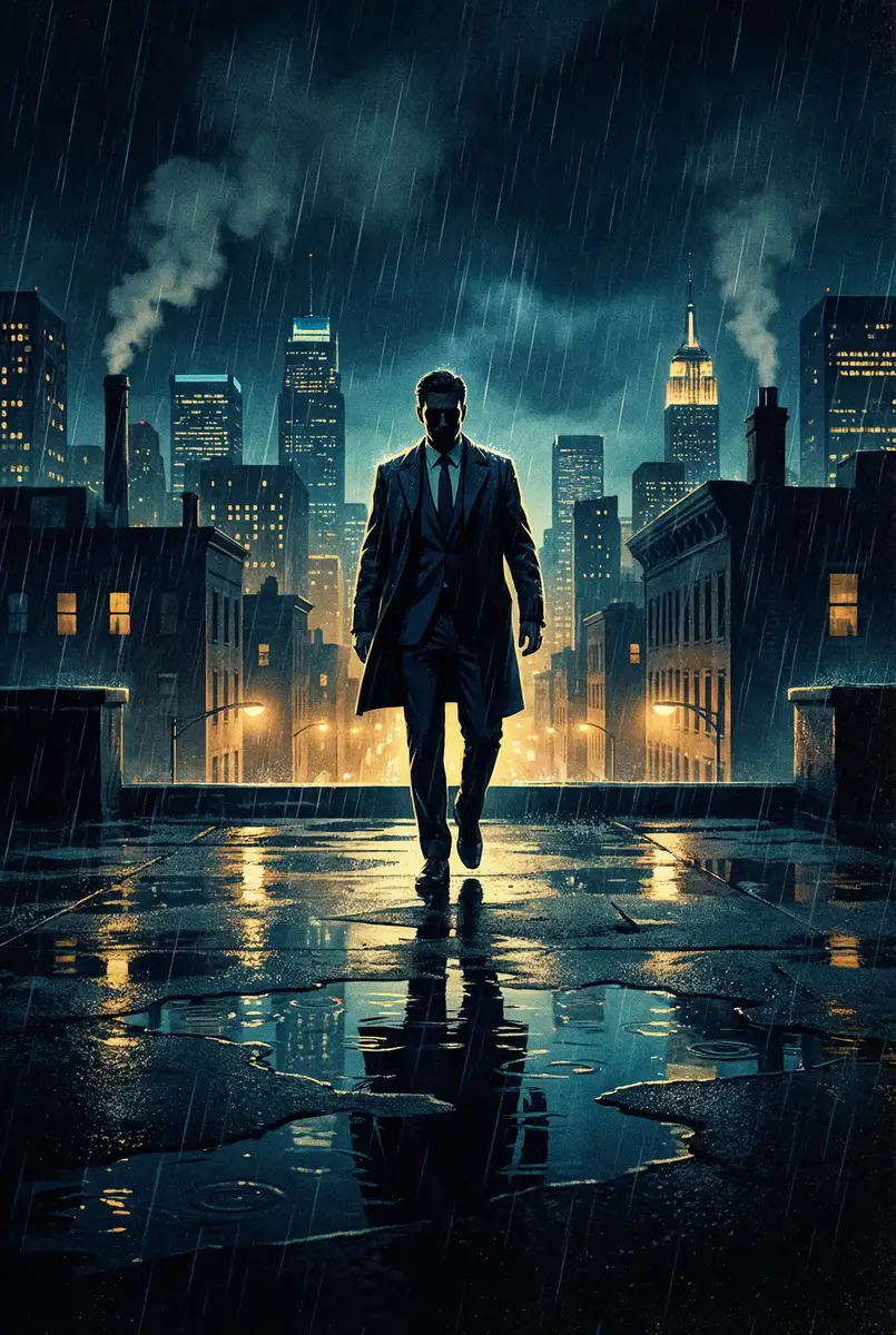 蓝色小导航 出品影片《雨夜独行者》海报，雨中城市屋顶男性剪影